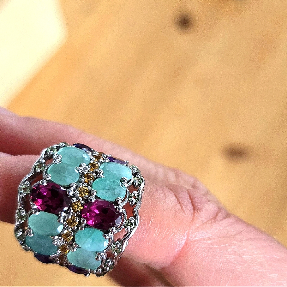Natural Rhodolite 7x5mm,‎ Amethyst, Emerald 925 Sterling Silver Ring  Sz 8.5 - Picture 4 of 8